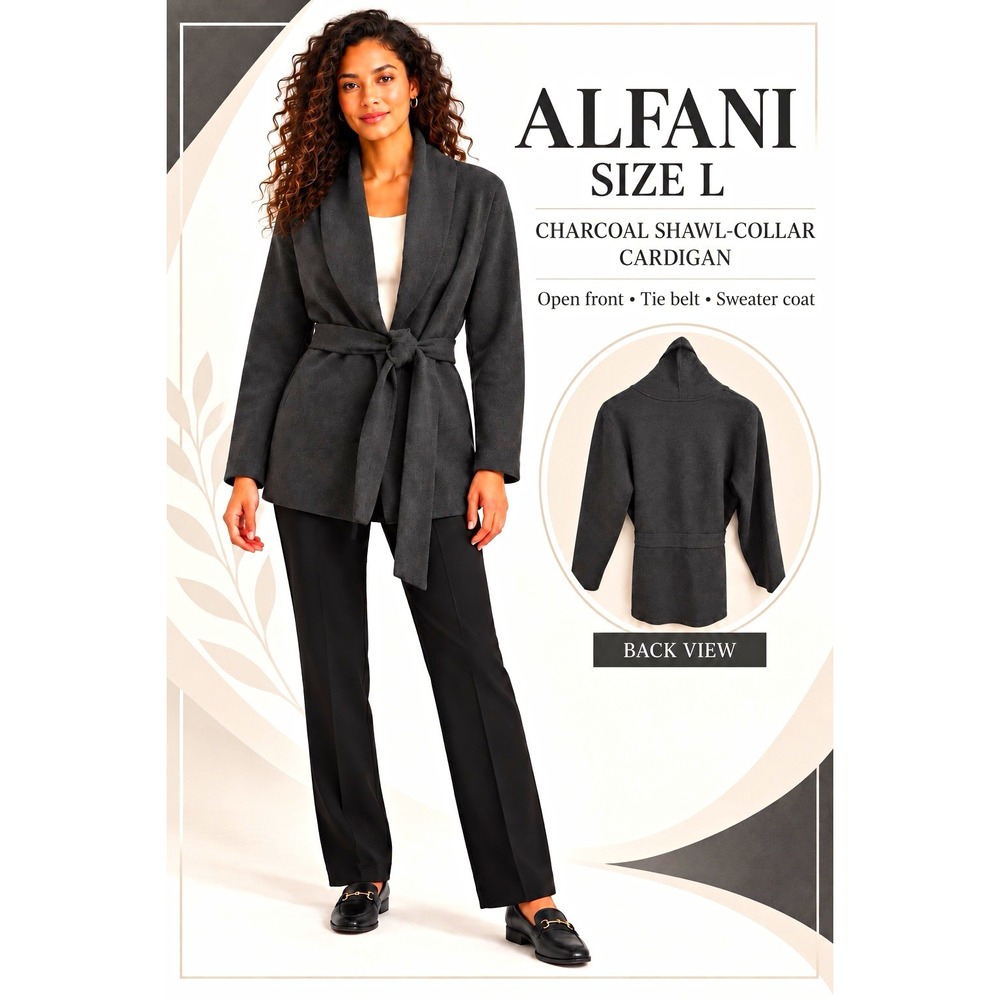 Alfani Women's Charcoal Shawl Collar Open Front Tie Belt Coatigan - Size L